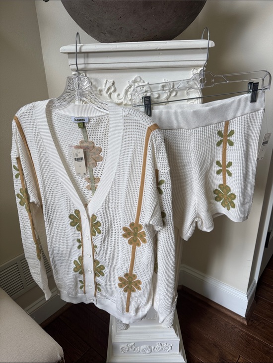 Celandine Other - Anthropologie White Floral Knit Cardigan and Shorts Set with Olive Applique